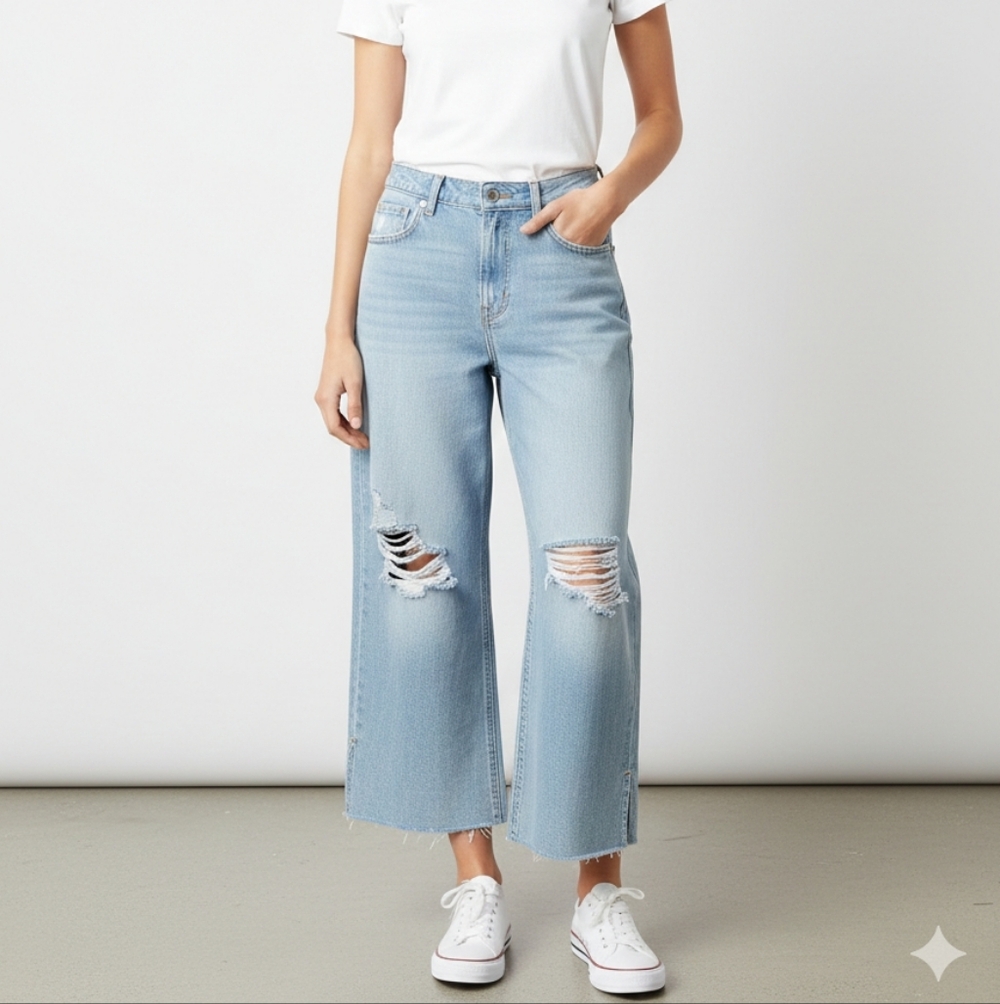 Kensie  Jeans Tru Vintage Light Blue Wide Leg Distressed Jeans Size 12/31